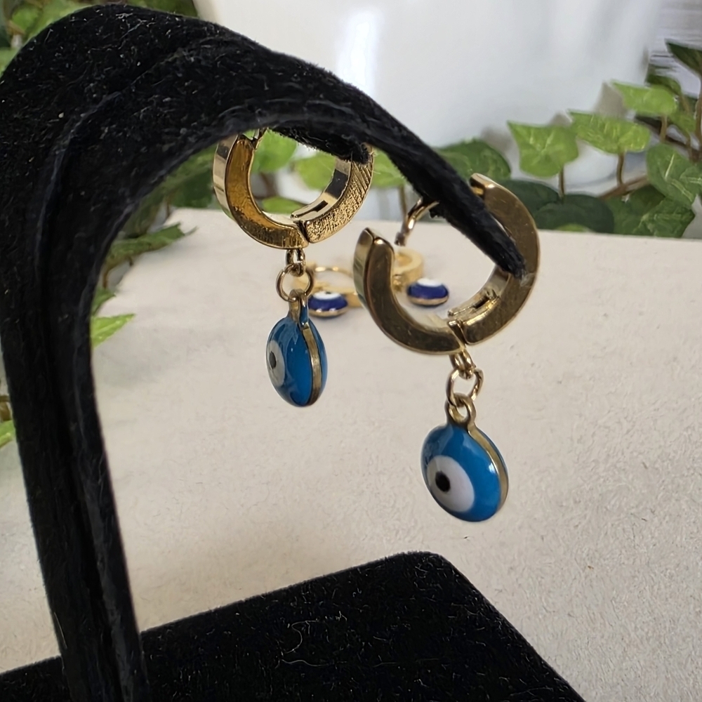 Gold Stainless Steel Huggie Hoop Earrings with Evil Eye Charm - Picture 11 of 17